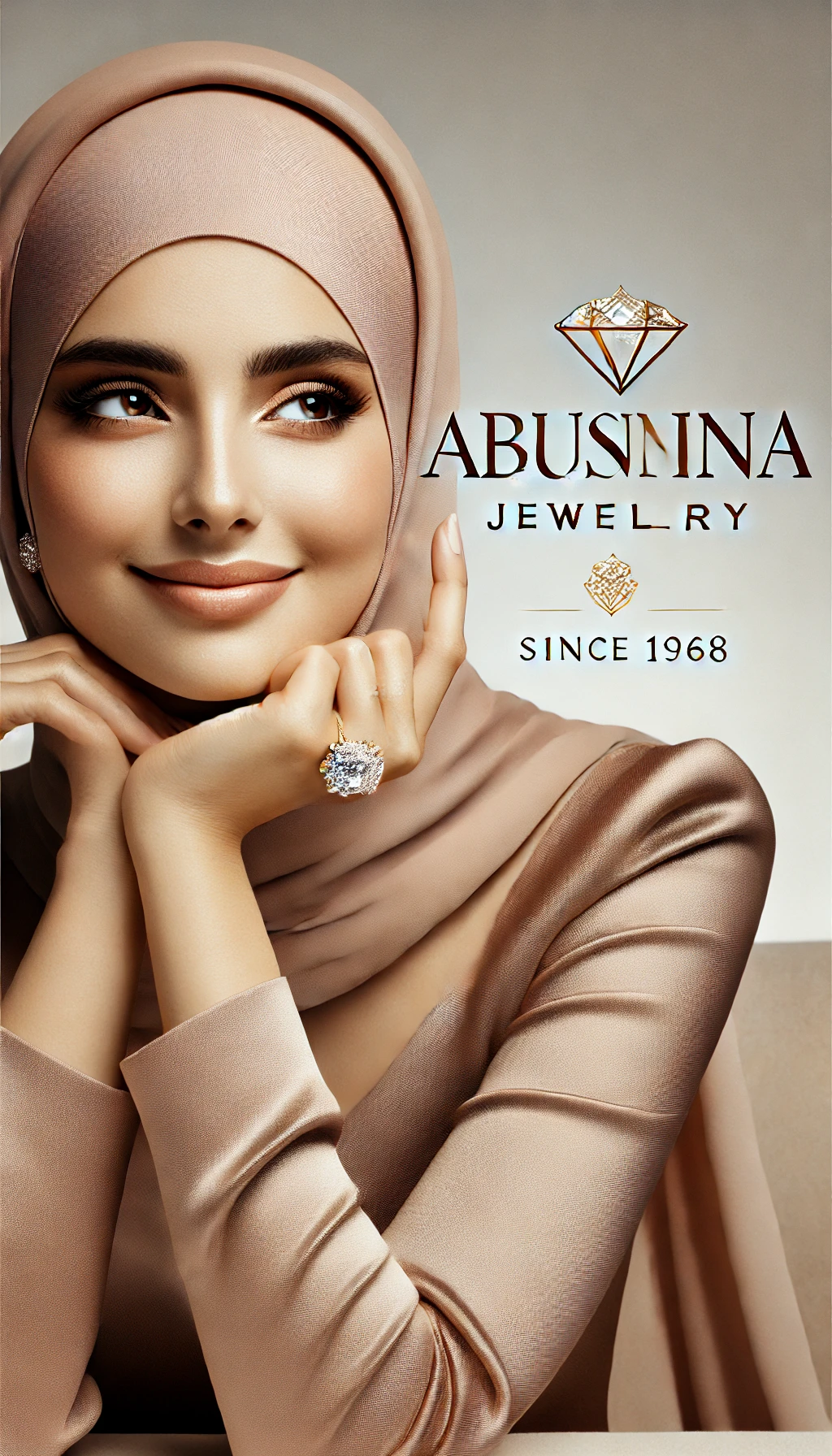 DALL·E 2025-03-05 02.51.29 - A beautiful, elegant hijabi woman wearing a luxurious diamond ring, posed gracefully with a soft smile. She is styled in a modern, sophisticated outfi