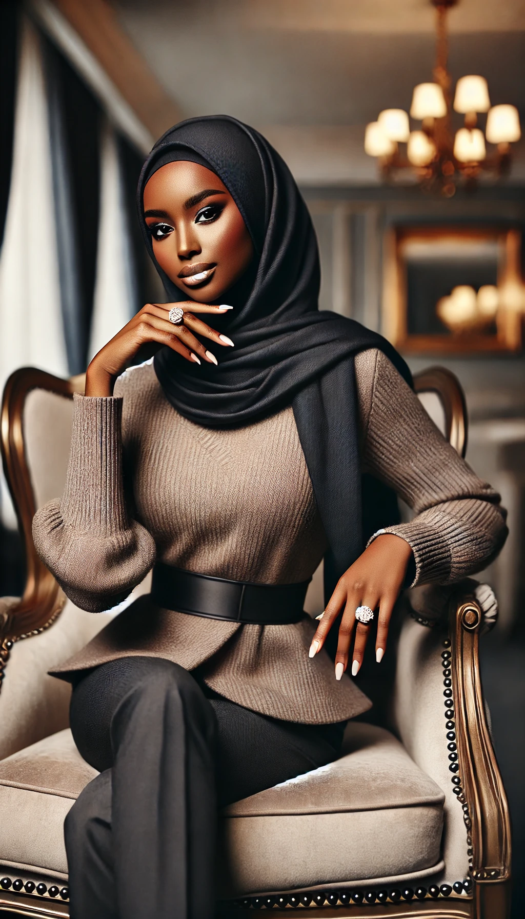 DALL·E 2025-03-05 03.09.33 - A beautiful, elegant, dark-skinned modest woman sitting gracefully on a luxurious chair, wearing a stylish hijab and a sophisticated, modest outfit. S